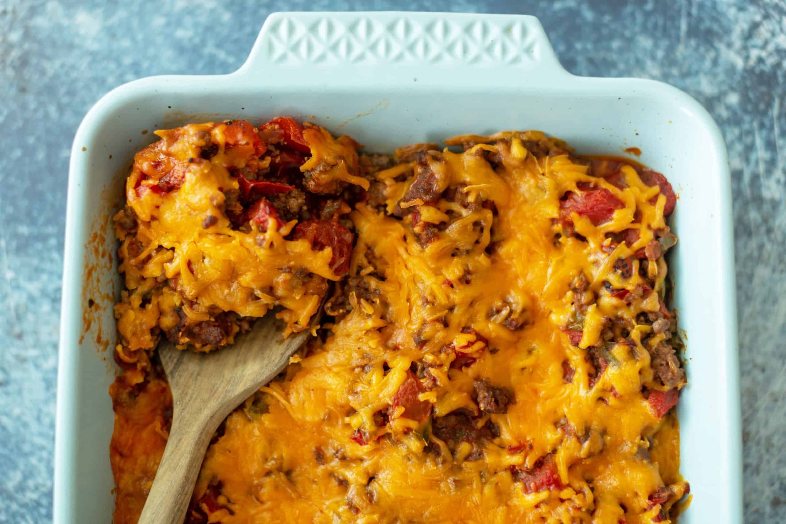 stuffed pepper casserole in a blue casserole dish