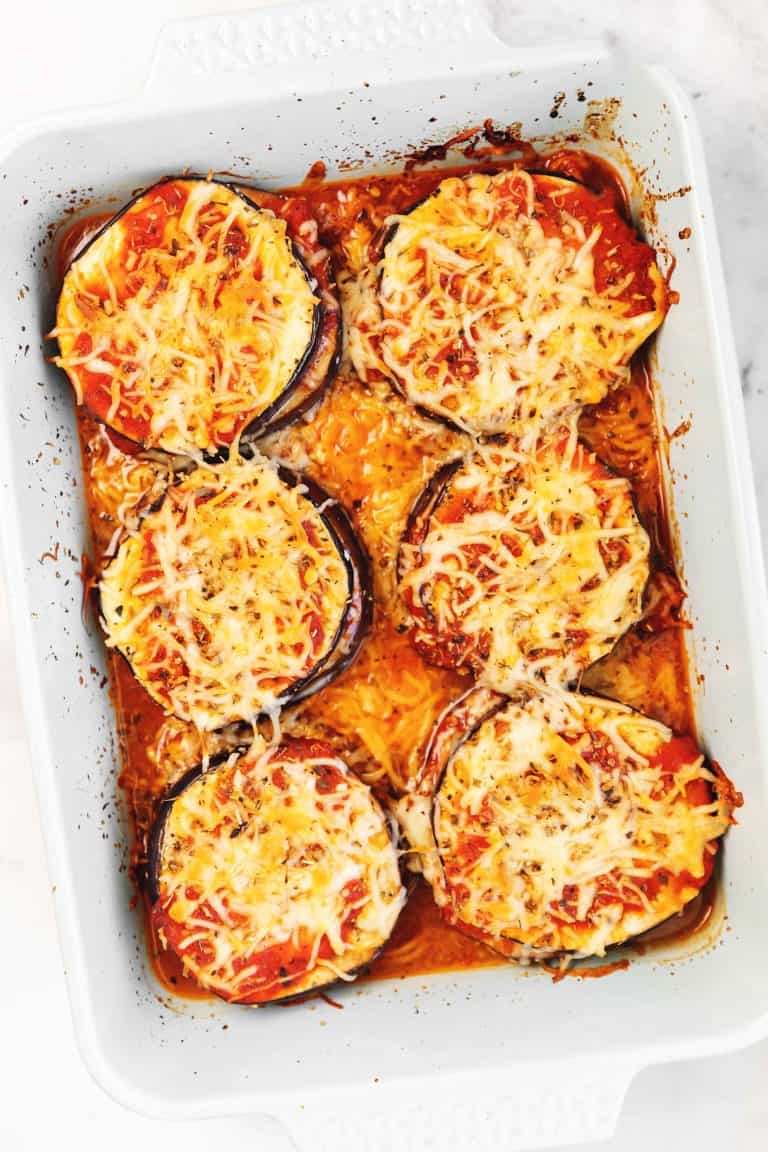 keto eggplant parmesan in a casserole dish