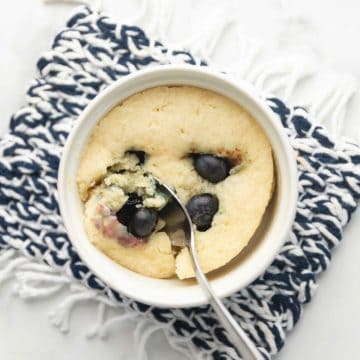 keto blueberry muffin in a mug