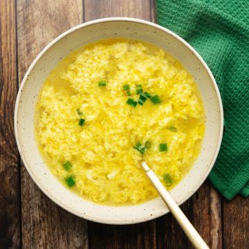 the easiest egg drop soup in a white bowl