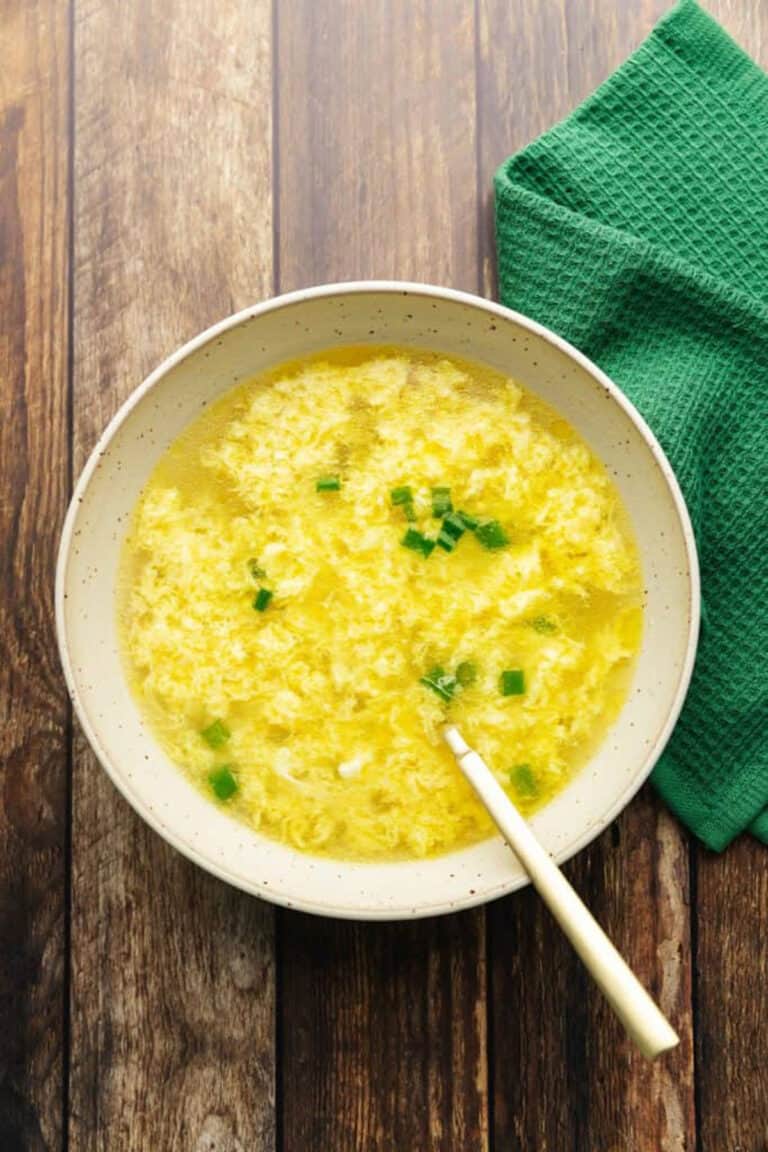 egg drop soup in a white bowl