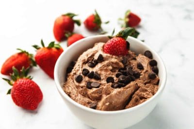 keto chocolate fruit dip in a white bowl