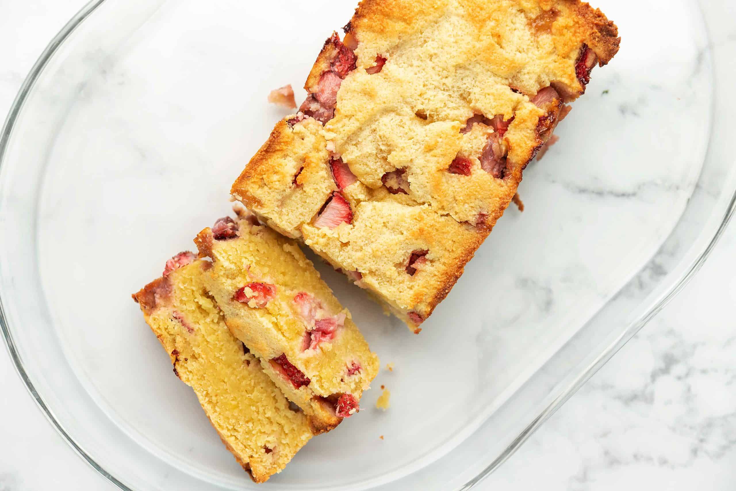 strawberry bread on a glass plate