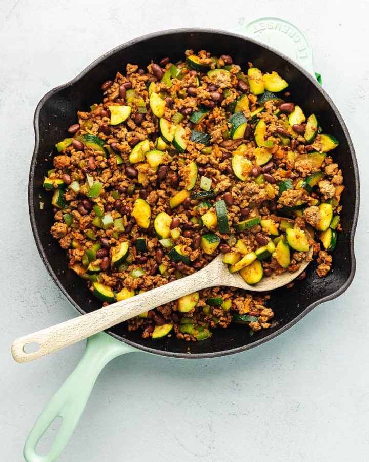 ground beef recipe in a blue skillet