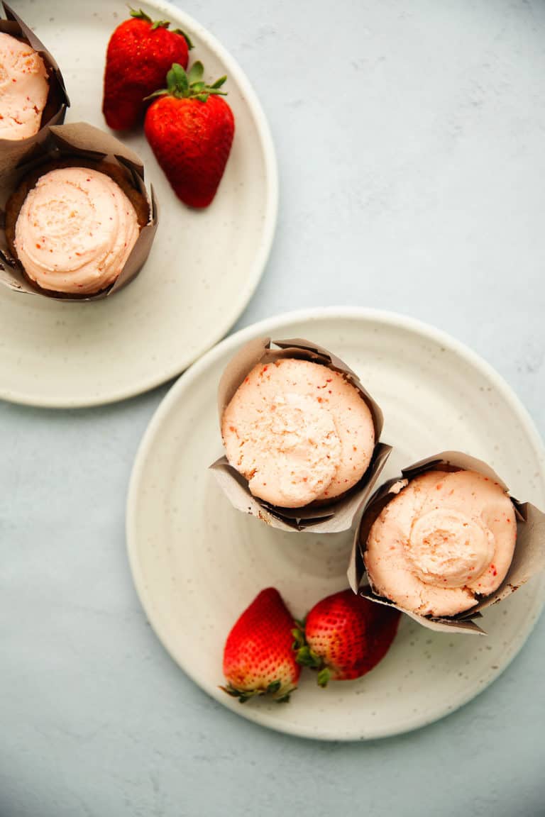 keto strawberry cupcakes on 2 plates