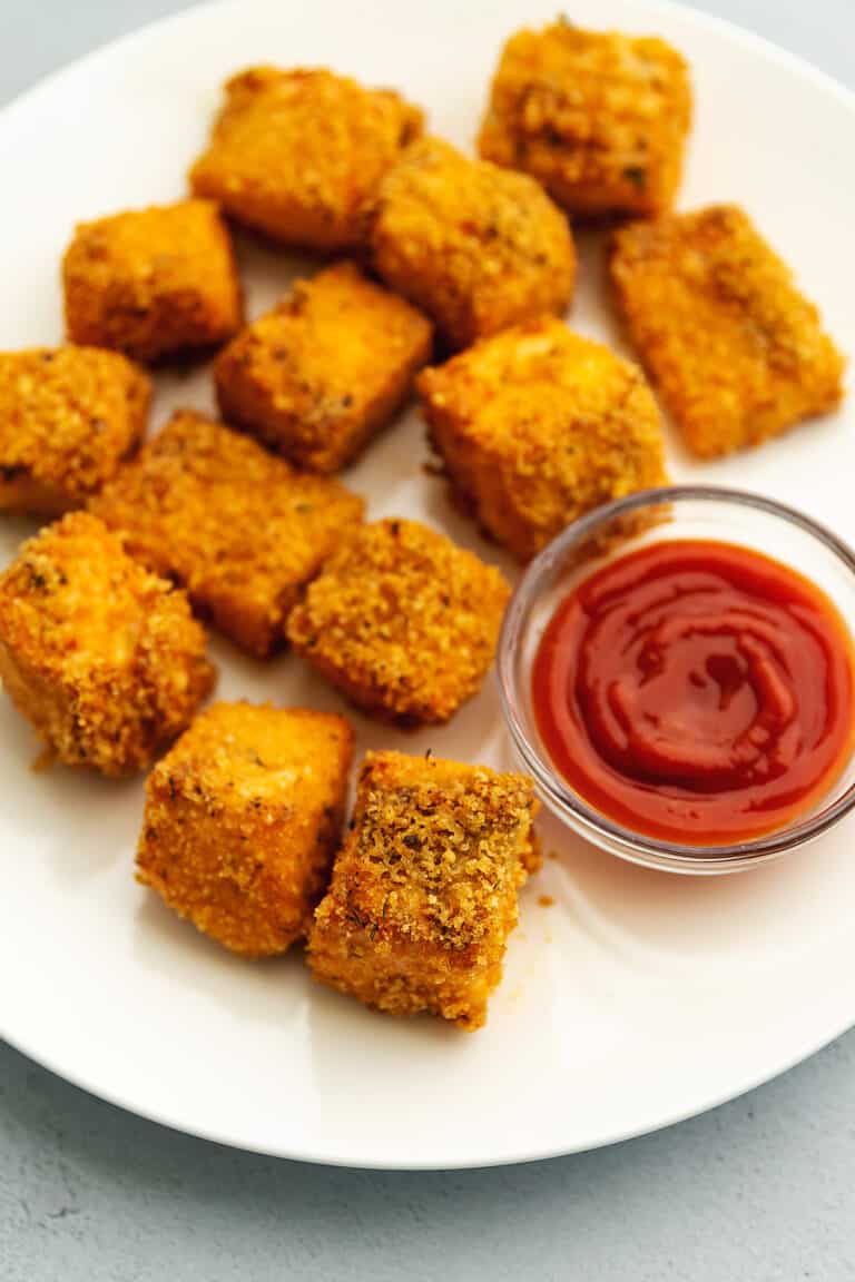 keto salmon nuggets on a white plate