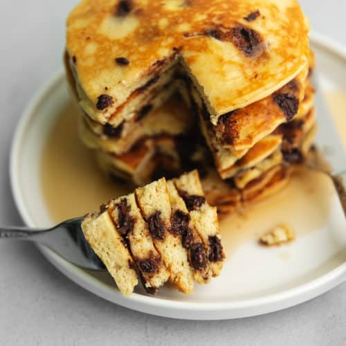 a bite of keto chocolate chip pancakes