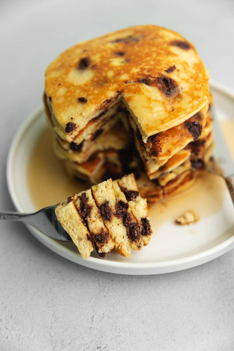 a bite of keto chocolate chip pancakes