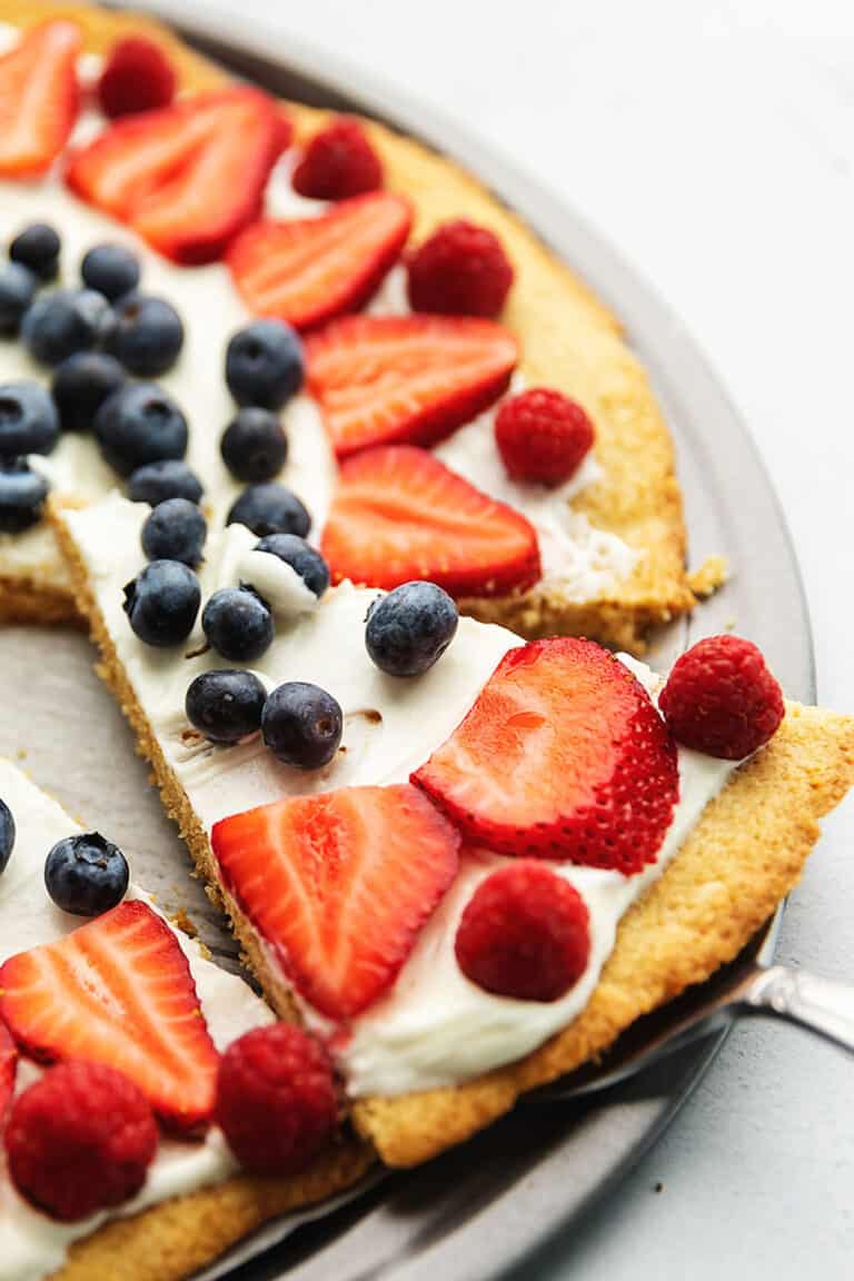 a slice of keto fruit pizza