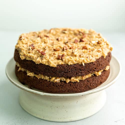 German chocolate cake with coconut frosting on a cake stand