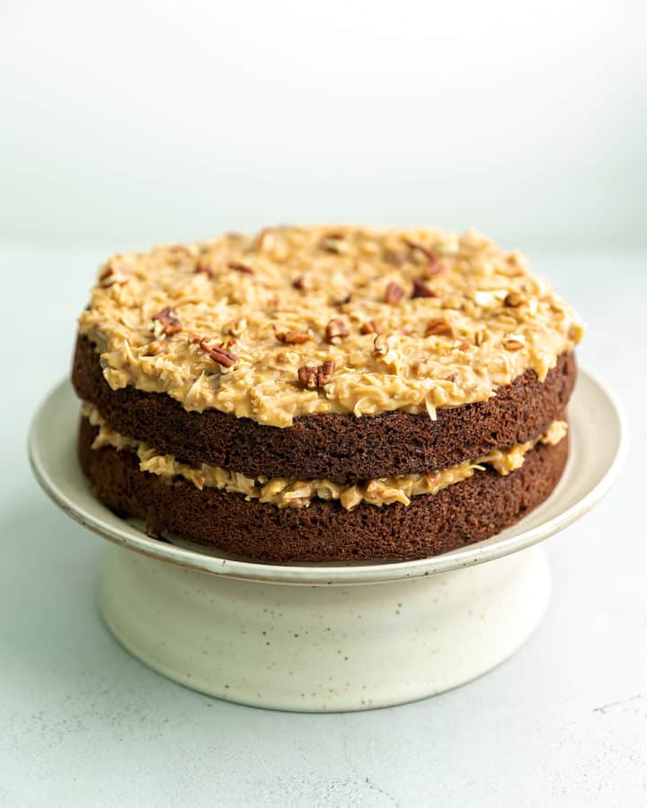 German chocolate cake with coconut frosting on a cake stand