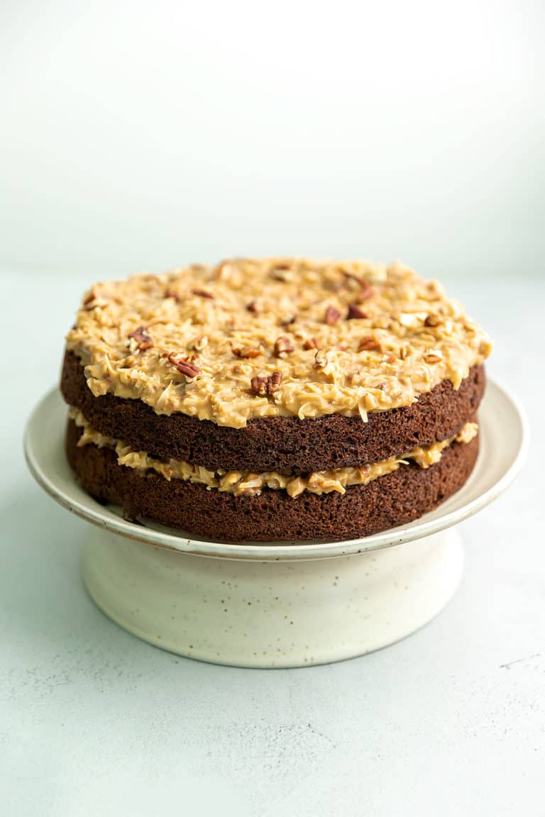 German chocolate cake with coconut frosting on a cake stand