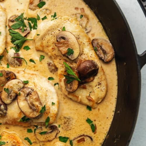 keto chicken marsala in a black skillet