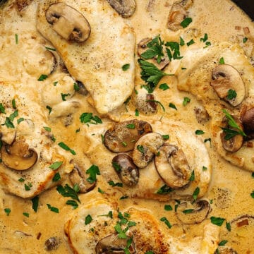 chicken cutlets with mushrooms on top
