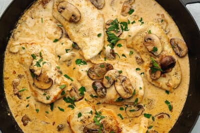 chicken cutlets with mushrooms on top