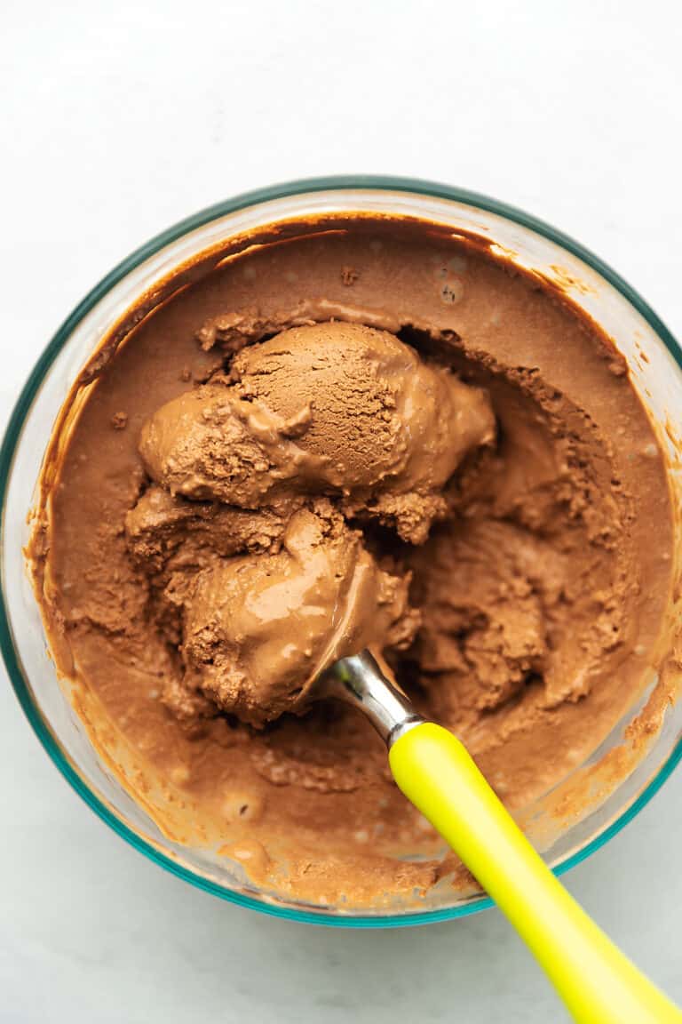 keto chocolate frozen yogurt in a glass bowl