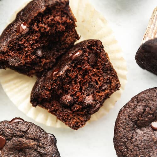 keto fudge chocolate muffins cut in half