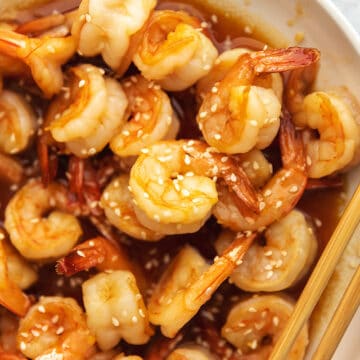 honey garlic shrimp with chop sticks