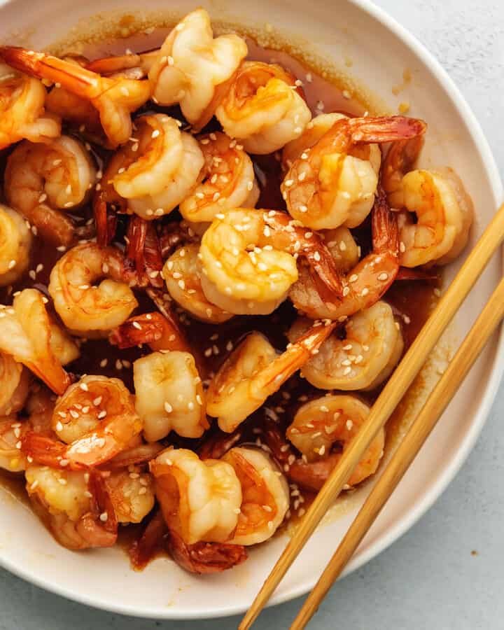 honey garlic shrimp in a white bowl