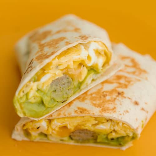 low carb breakfast burrito on a yellow plate