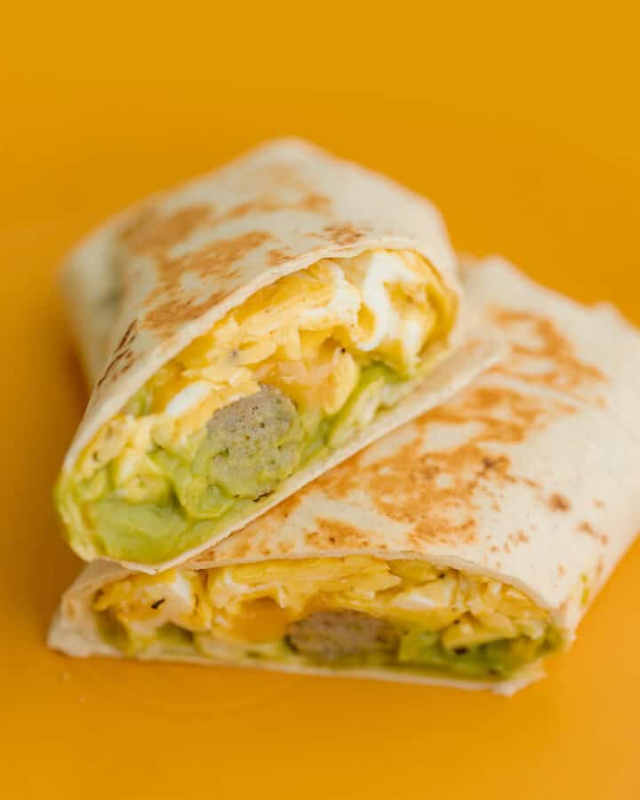 low carb breakfast burrito on a yellow plate