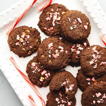 peppermint mocha cookies on a white tray