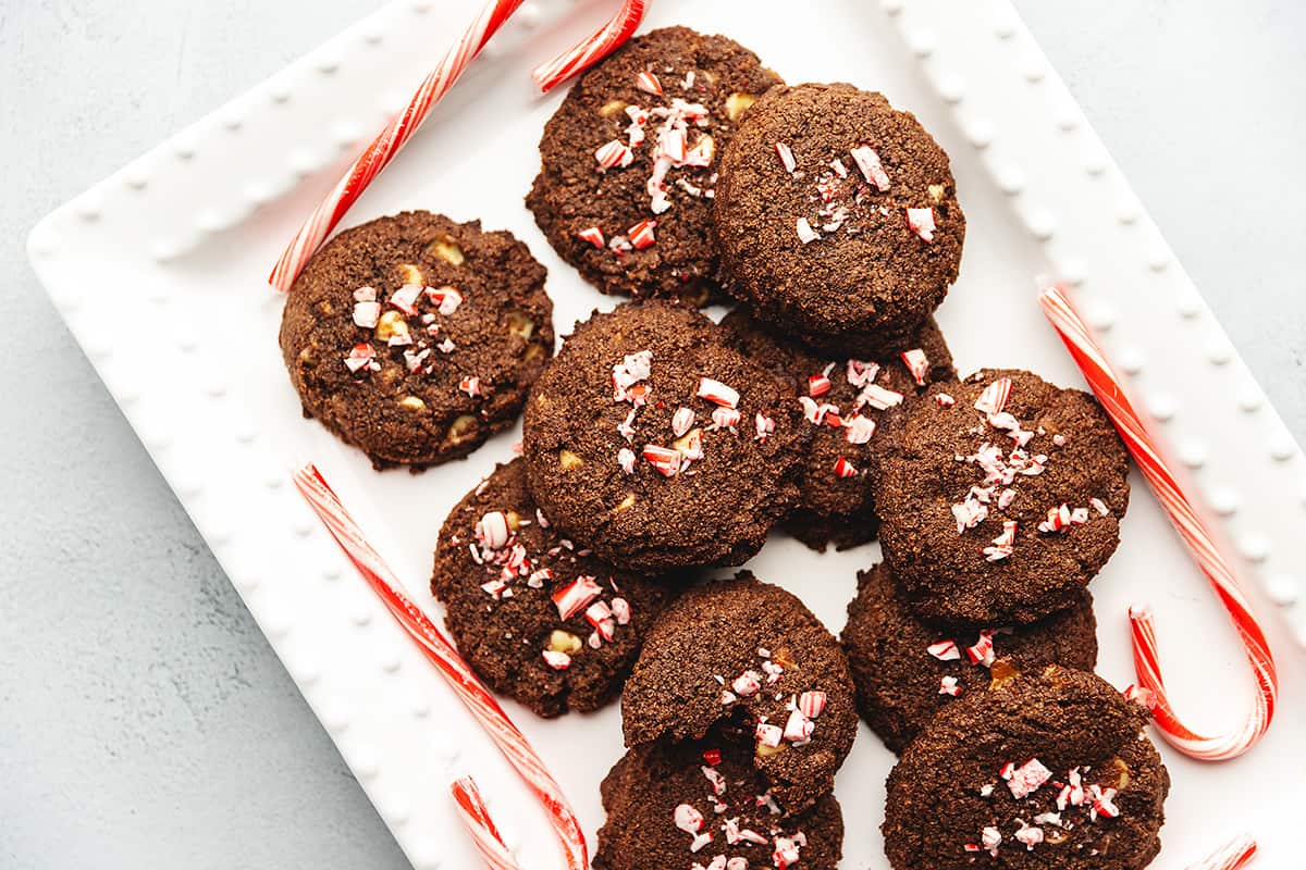peppermint mocha cookies on a white tray