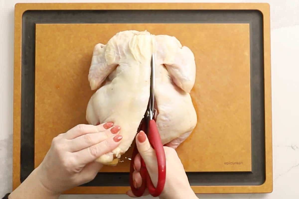 cutting the backbone out of a chicken