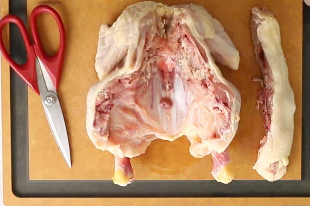 a whole chicken with the backbone removed on a cutting board with kitchen shears