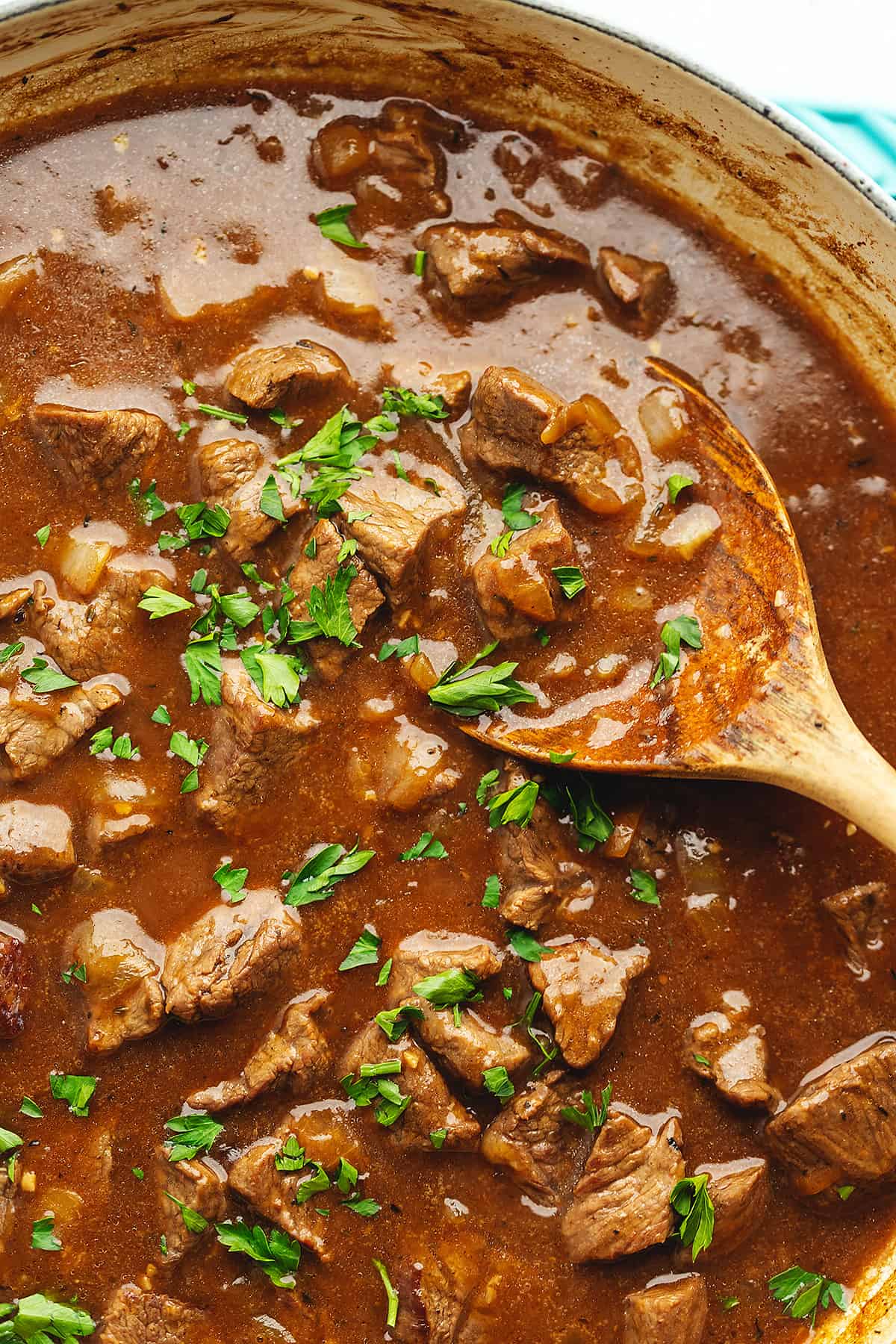 beef tips and gravy in a skillet