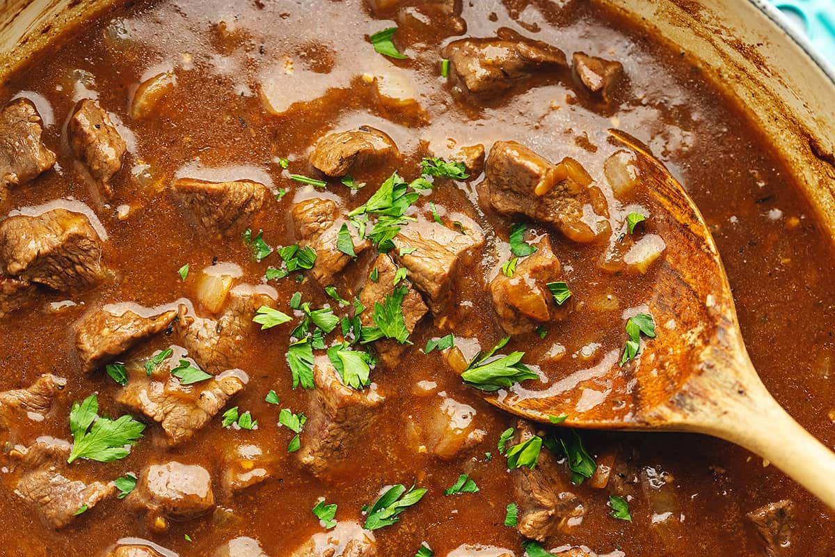 keto beef tips and gravy close up photo