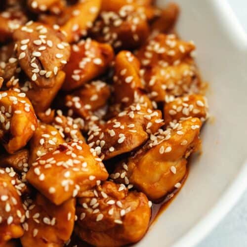 keto sesame chicken in a white bowl