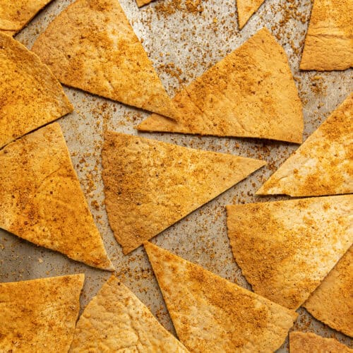 keto tortilla chips on a sheet tray