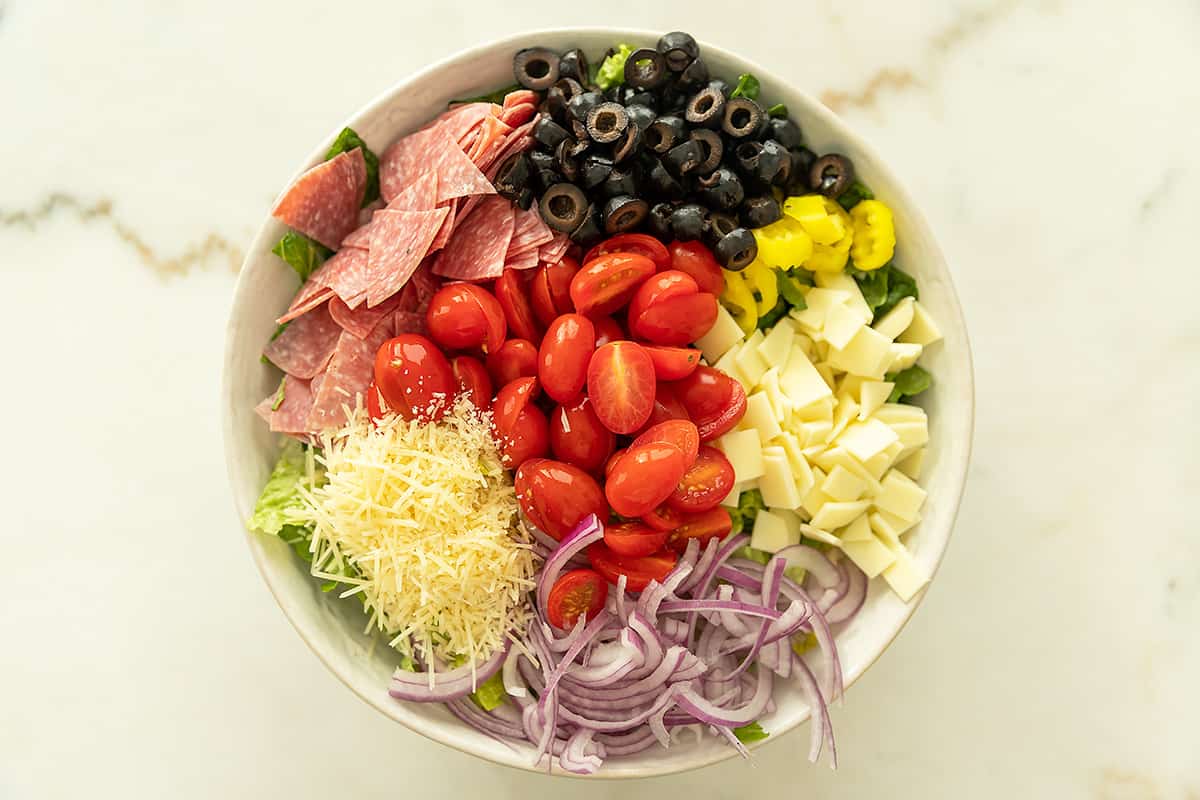 ingredients for Italian chopped salad in a big bowl