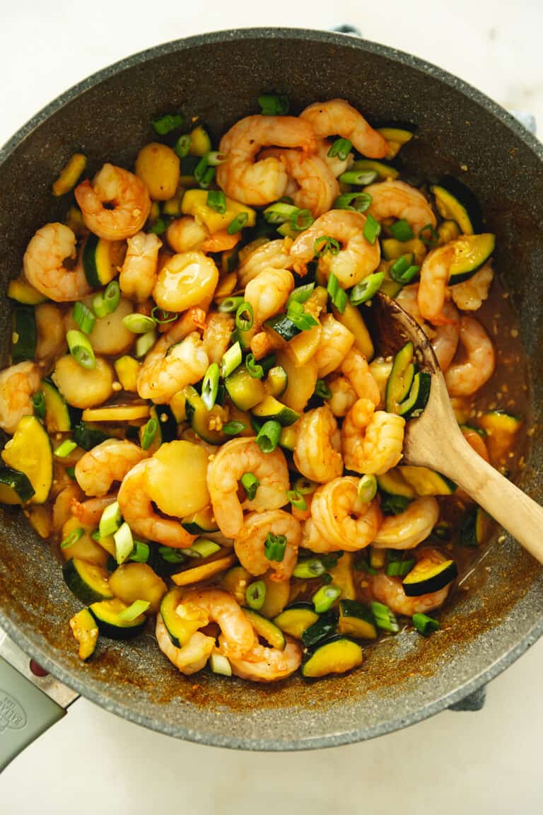 keto shrimp stir fry in a skillet