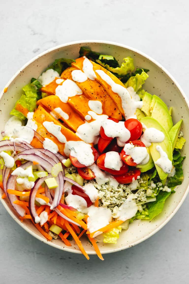 a bowl full of buffalo chicken salad