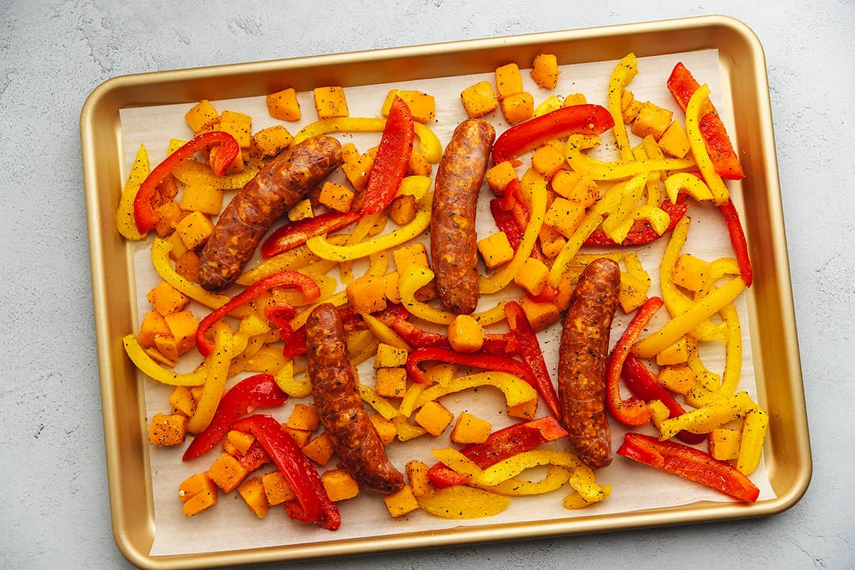 andouille sausage recipe on a sheet pan