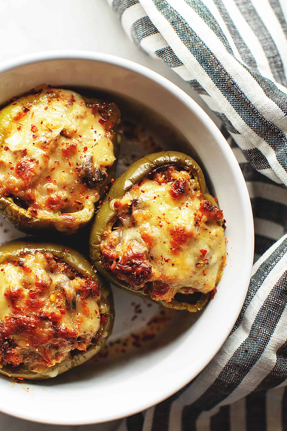low carb stuffed peppers in a casserole dish