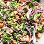 a close up photo of keto broccoli salad