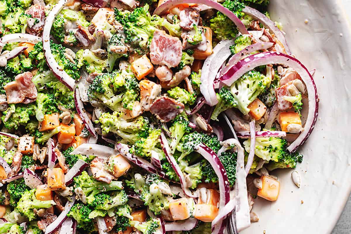 a close up photo of keto broccoli salad
