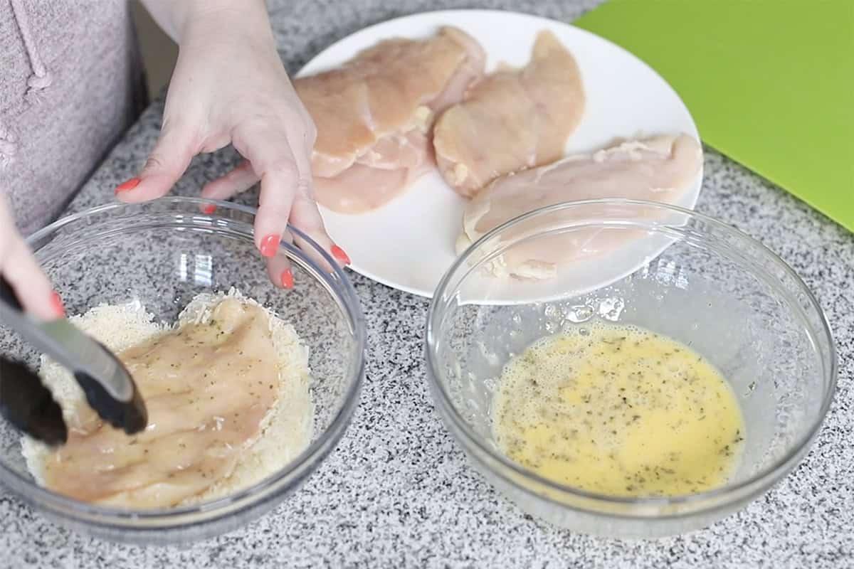 breading station for keto chicken parmesan
