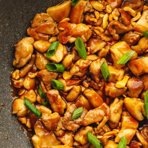 a skillet with keto cashew chicken
