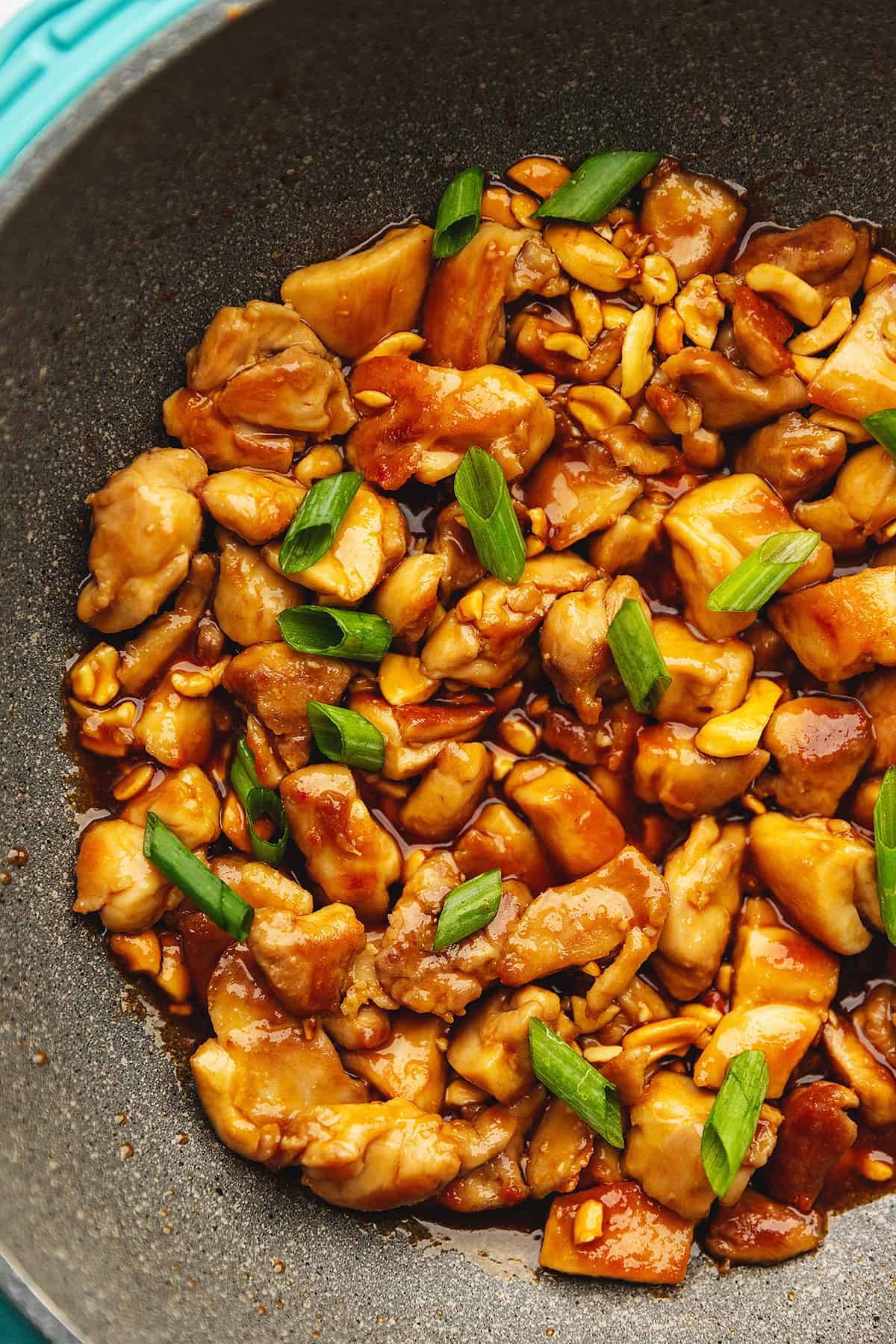 a skillet with keto cashew chicken