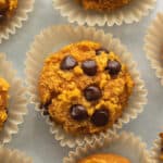 keto chocolate chip pumpkin muffins on a tray