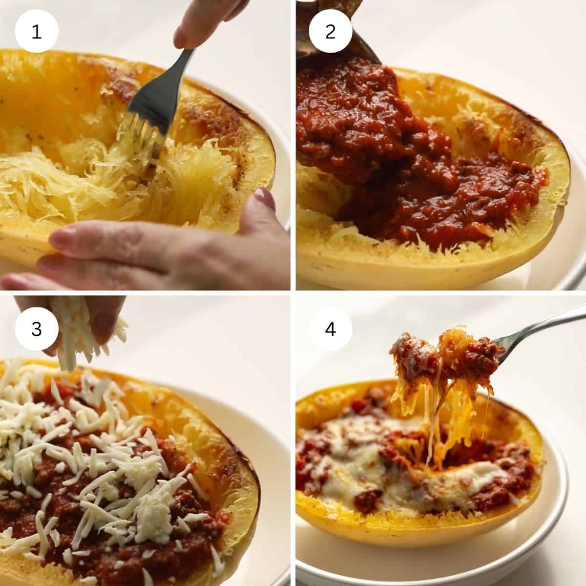 step by step of stuffing a spaghetti squash boat