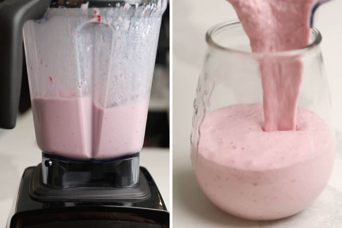 smoothie strawberry smoothie in a blender and being poured into a glass