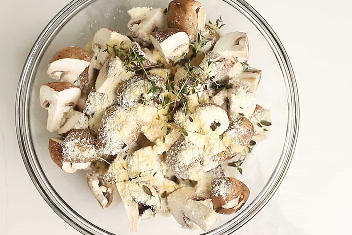 mushrooms and seasonings in a glass bowl
