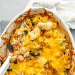 keto chicken and broccoli casserole in a casserole dish