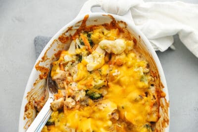keto chicken and broccoli casserole in a casserole dish