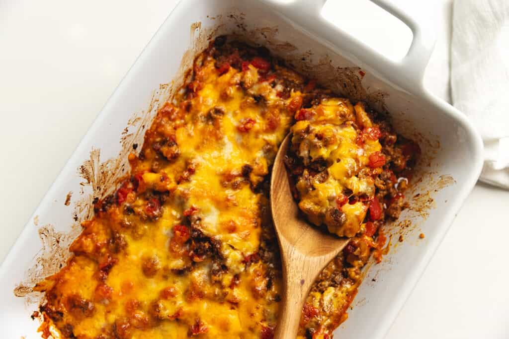 keto ground beef casserole in a baking dish